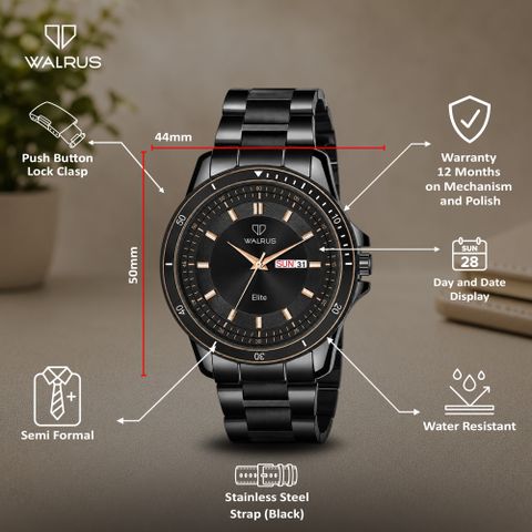 Walrus Medium Size Black Dial Day Date Display Stainless Steel Strap Premium Analog Watch - For Men WWTM-ELITE-XVIII-020202 - Image 7