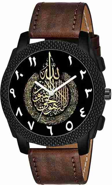 Gopal Retail Analog Watch - For Men C1004BLK CASE ISLAMIC Design08 Round Black Dial Maroon Leather Strap - Image 5