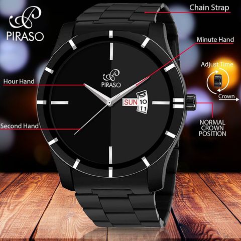 PIRASO Analogue Men's Watch Vills Black Dial And Day And Date Display Watch Analog Watch - For Boys D&D 11-605 BLACK CHAIN - Image 4