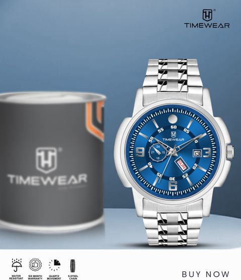 TIMEWEAR Blue Dial Day Date Functioning Stainless Steel Chain Analog Watch - For Men 340BDTG - Image 3