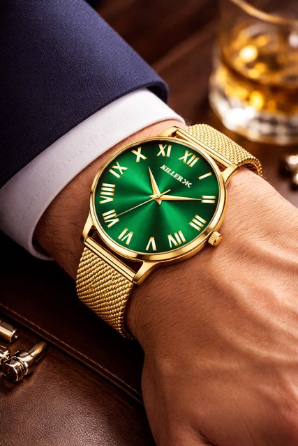 KILLER Gold Mesh Watch Green Sunburst Dial Analog Men KLR-GRN-001-GLD - Image 7