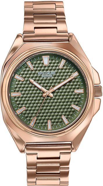 Sonata Poze 7 Men's Analog Watch - Green Dial, Rose Gold Strap - Image 6