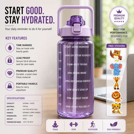 Cronus 2000ml Motivational Water Bottle Purple at ₹131