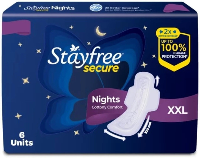 Stayfree Secure Nights Sanitary Pads with Cottony Soft Cover for Comfort - XXL - Pack of 6