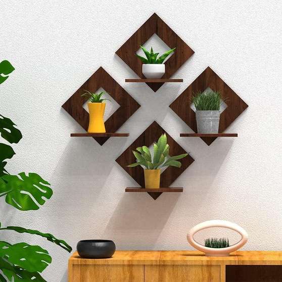 Stalory Walnut Finish Wooden Square Wall Hanging Planter Stand Brown Pack of 4