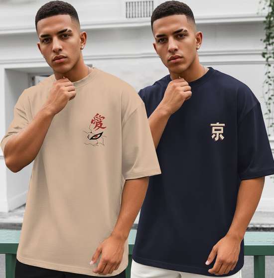 TRIPR Men's Typography Navy Blue and Beige T-Shirt Pack of 2
