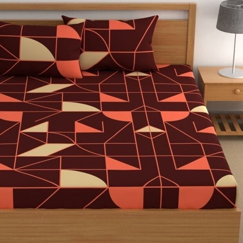 CG Homes Cotton Double Fitted (Elastic) 180 TC Floral 1 Bedsheet with 2 Pillow Covers (Brown & Red) - Image 8