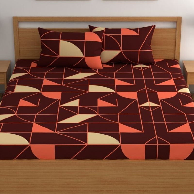 CG Homes Cotton Double Fitted (Elastic) 180 TC Floral 1 Bedsheet with 2 Pillow Covers (Brown & Red) - Image 7