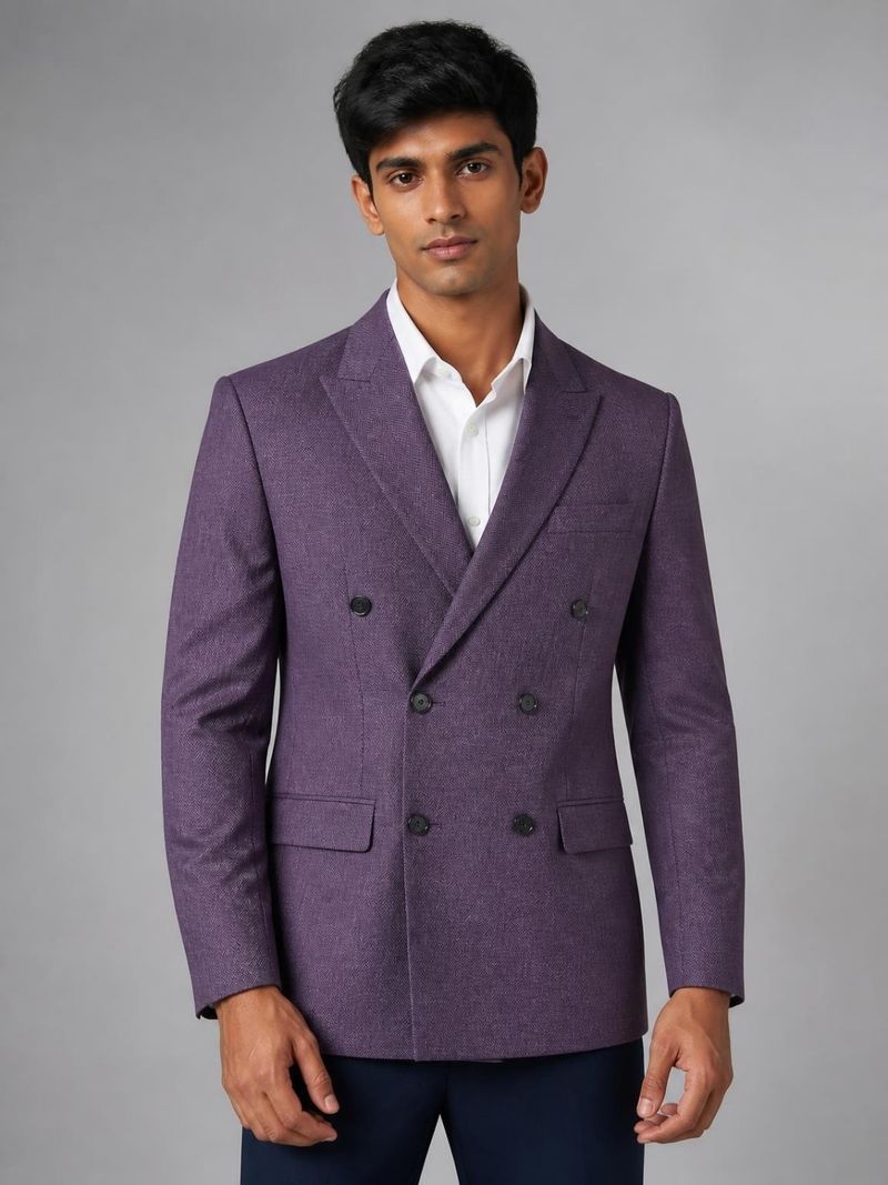 Raymond Men Self Design Double Breasted Formal Blazer (Purple) - Image 3