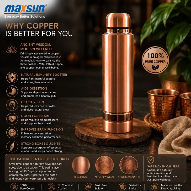 MAXSUN Copper Water Bottle 1 Litre | Premium Pure Copper Bottle for Daily Use 1000 ml Copper Bottle (Pack of 1, Copper) - Image 7
