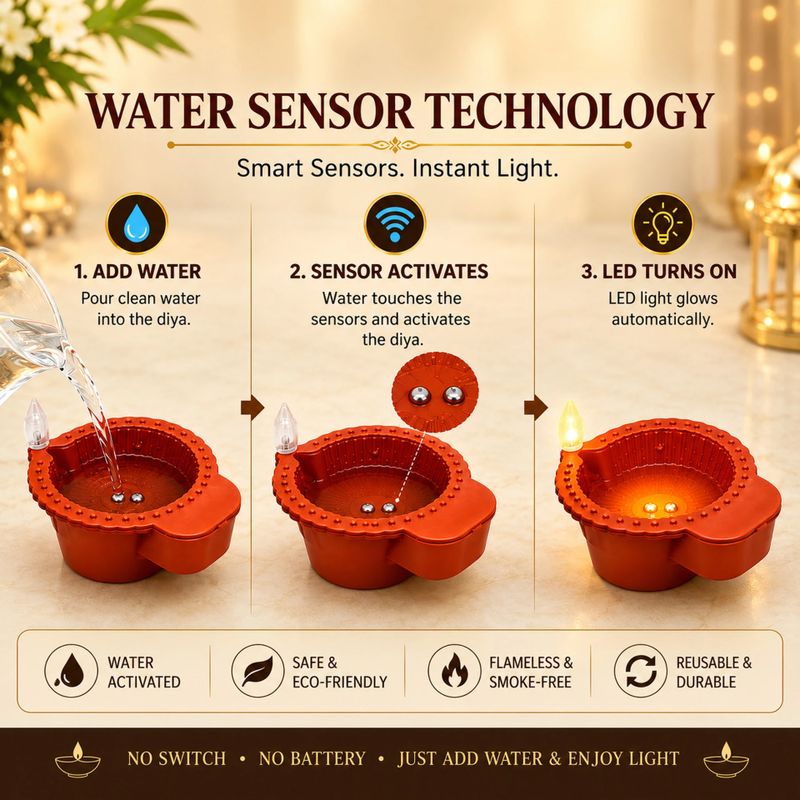 AbhiCart Tonkwalas Fancy Led Water Sensor Smokeless Diya For Diwali Home Decoration Candle (Brown, Pack of 6) - Image 6