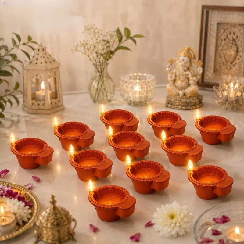 AbhiCart Tonkwalas Fancy Led Water Sensor Smokeless Diya For Diwali Home Decoration Candle (Brown, Pack of 6) - Image 8