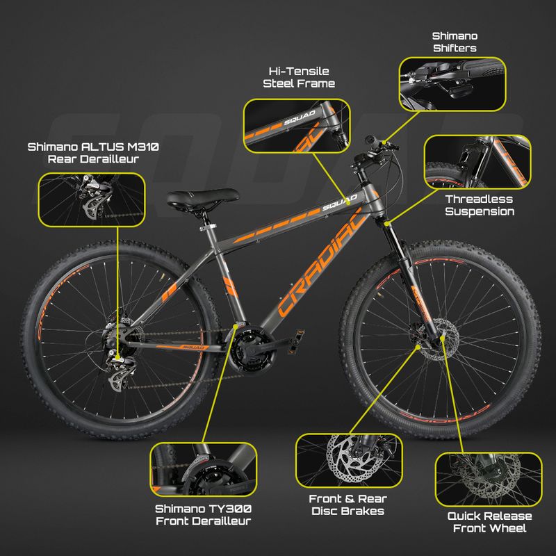 CRADIAC SQUAD 21 SPEED|FRONT SUSPENSION|DUAL DISC BRAKE|shimano gears 29 T (inch) Mountain Cycle (21 Gear, Grey, Orange, Only Front Suspension) - Image 7