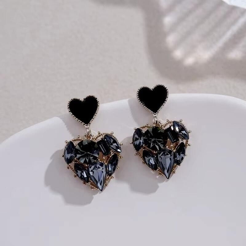 Tiso Latest Premium Black Crystal Heart Drop Gold Korean Earrings Women Girls Crystal, Cubic Zirconia, Pearl Alloy, Brass, Stone Drops & Danglers, Earring Set, Hoop Earring, Rhinestone Studs, Stud Earring - Image 6