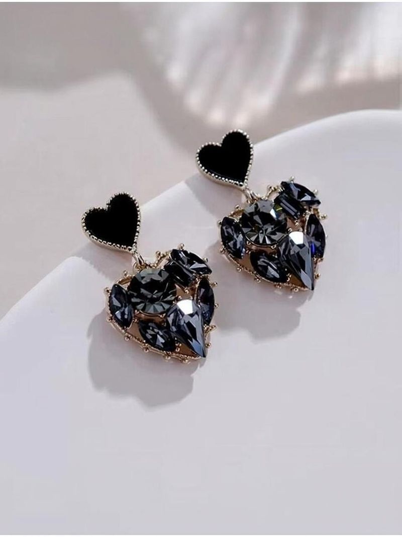 Tiso Latest Premium Black Crystal Heart Drop Gold Korean Earrings Women Girls Crystal, Cubic Zirconia, Pearl Alloy, Brass, Stone Drops & Danglers, Earring Set, Hoop Earring, Rhinestone Studs, Stud Earring - Image 2
