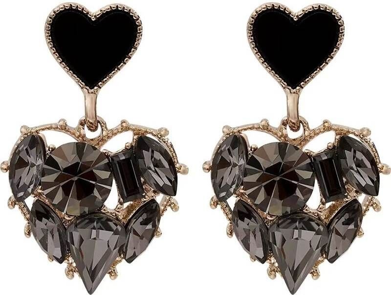 Tiso Latest Premium Black Crystal Heart Drop Gold Korean Earrings Women Girls Crystal, Cubic Zirconia, Pearl Alloy, Brass, Stone Drops & Danglers, Earring Set, Hoop Earring, Rhinestone Studs, Stud Earring - Image 5