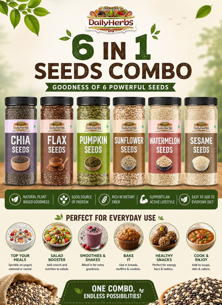 DAILYHERBS Raw Seeds Combo Pack Of 6 (200G Each) for Weight Loss with Omega-3 & Fiber Rich Chia Seeds, Pumpkin Seeds, Sunflower Seeds, Brown Flax Seeds, Sesame Seeds, Watermelon Seeds (6 x 200 g) - Image 6