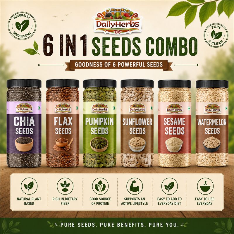 DAILYHERBS Raw Seeds Combo Pack Of 6 (200G Each) for Weight Loss with Omega-3 & Fiber Rich Chia Seeds, Pumpkin Seeds, Sunflower Seeds, Brown Flax Seeds, Sesame Seeds, Watermelon Seeds (6 x 200 g) - Image 5