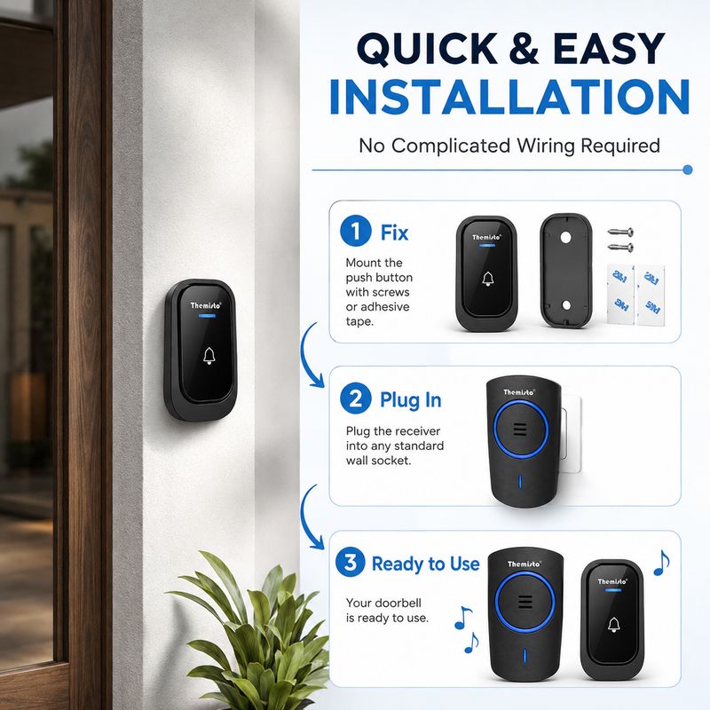 Themisto TH-DB20| 60M Range| IP44 Waterproof Transmitter| 45 Melodies| 4 Volume Levels| Wireless Door Chime (45 Tunes) - Image 7