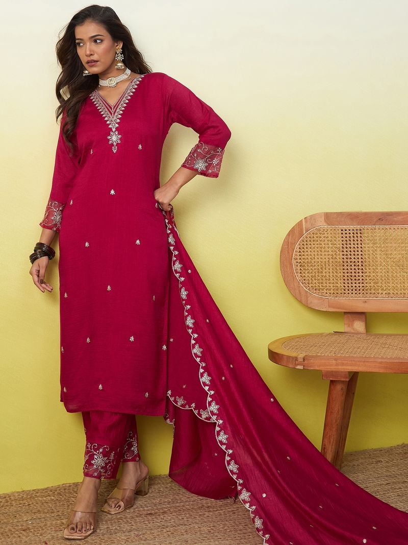 VredeVogel Women Silk Blend Kurta Pant Dupatta Set - Image 8