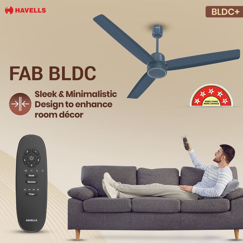 HAVELLS FAB|Remote Controlled|Low Noise|Upto 65% Energy Saving|Reverse Mode|30W with 3 Year Warranty BLDC Motor 1200 mm Ceiling Fan (5 Star | Denim Blue | Pack of 1) - Image 7