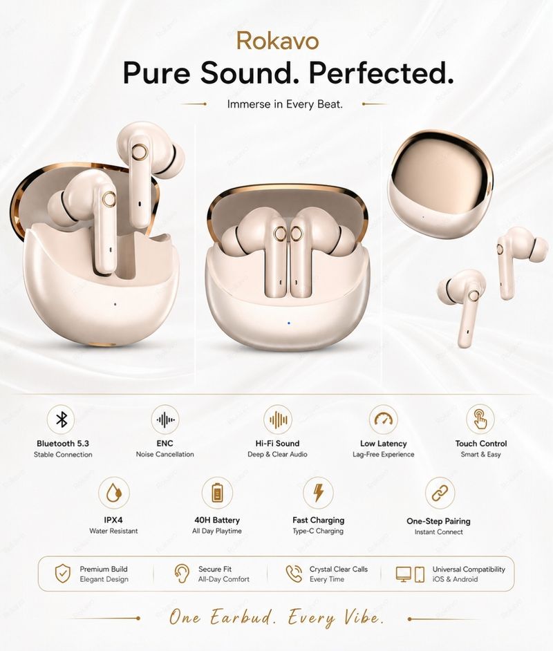 ROKAVO Titan Signature Pro Max Wireless Earbuds (Cream, True Wireless) - Image 4
