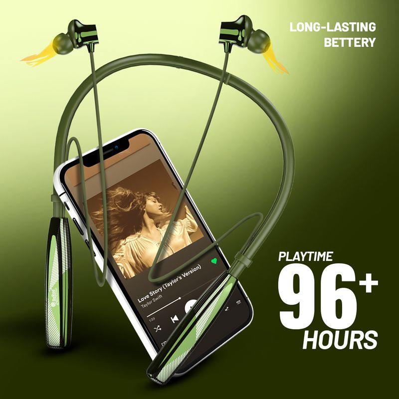 Soroo Future Wireless Bluetooth Neckband with 88H Playback, ENC Mic, Fast Charging, Deep Bass Bluetooth Headset (Green, In the Ear) - Image 3