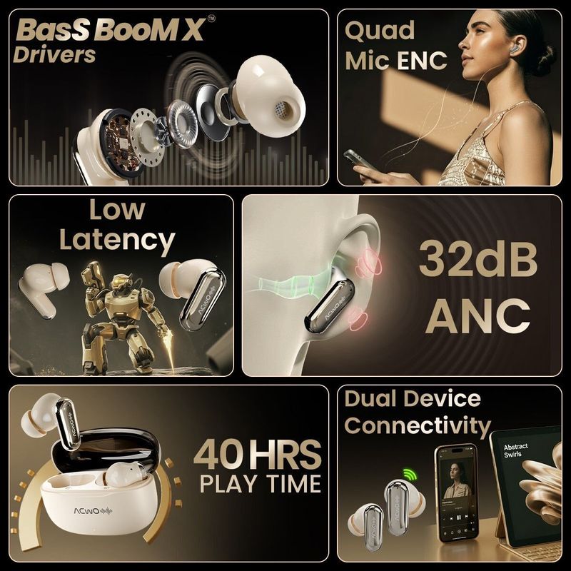 ACwO DwOTS 717 Pro TWS Earbuds, ANC, 40H Playtime, Pearl Crème - Image 6