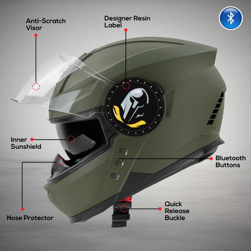 Steelbird Bluetooth Full Face ISI Certified Helmet for Men with Inner Smoke Sun Shield Motorbike Helmet (Matt Battle Green) - Image 6