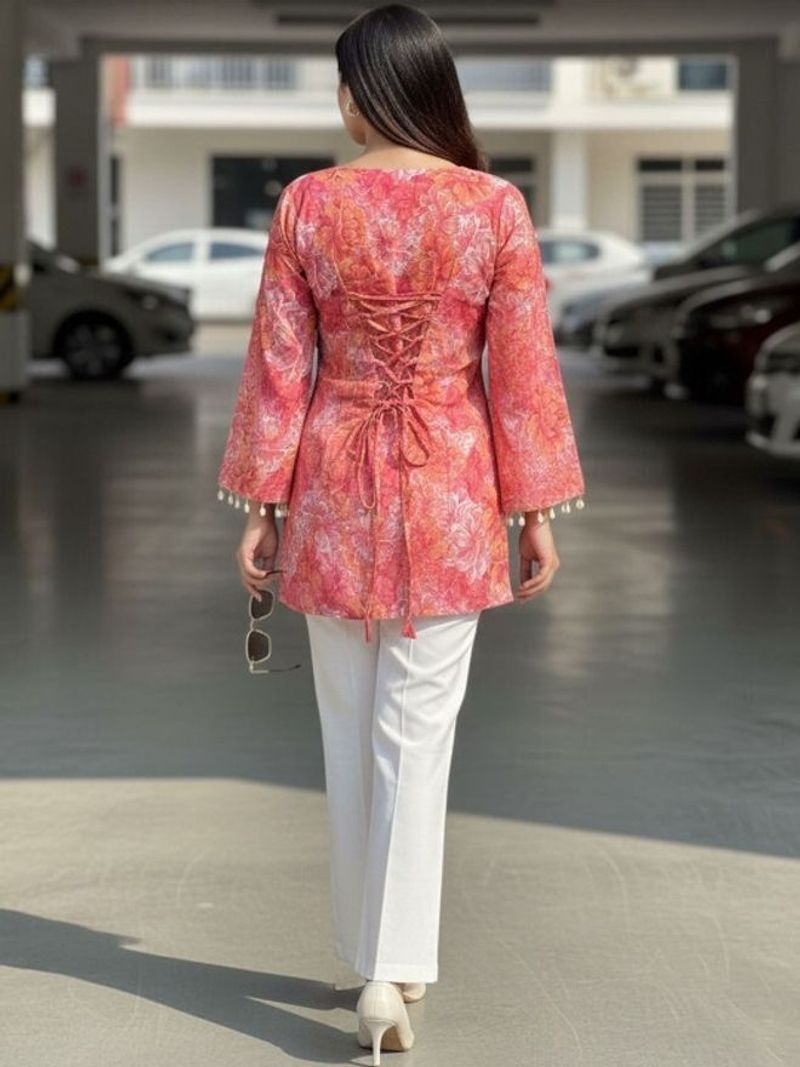 Radhikaa Women Pink Floral Bell Sleeve Casual Top - Image 6