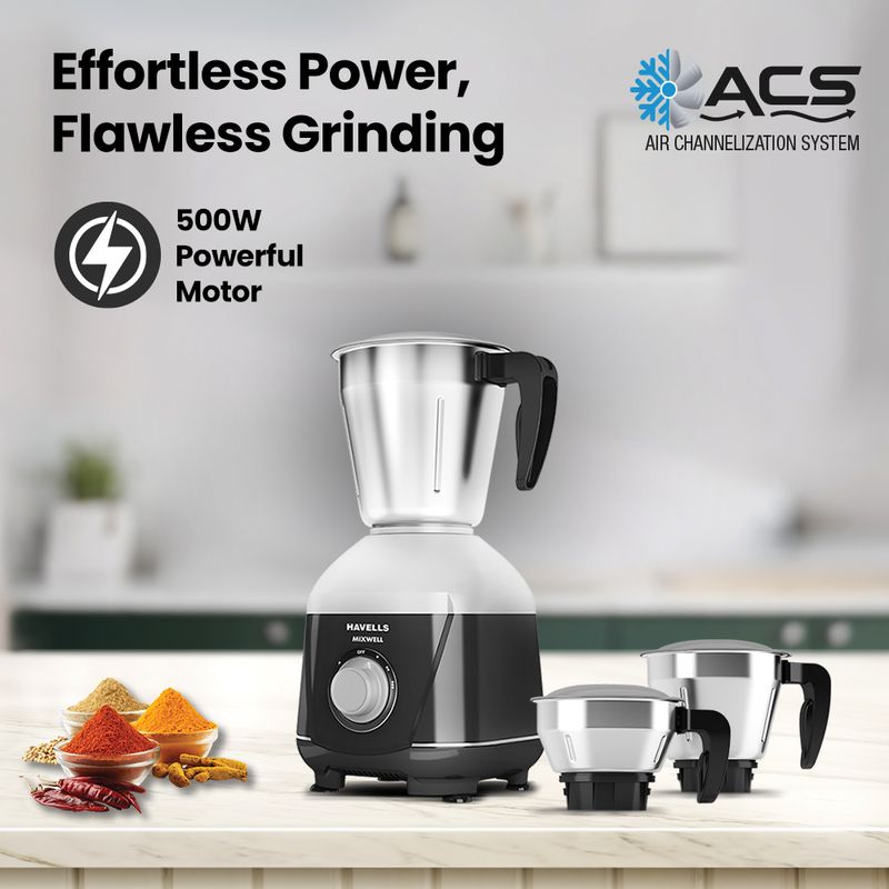 Havells Mixwell-N 500W Mixer Grinder, 3 Jars, Grey & Black - Image 6