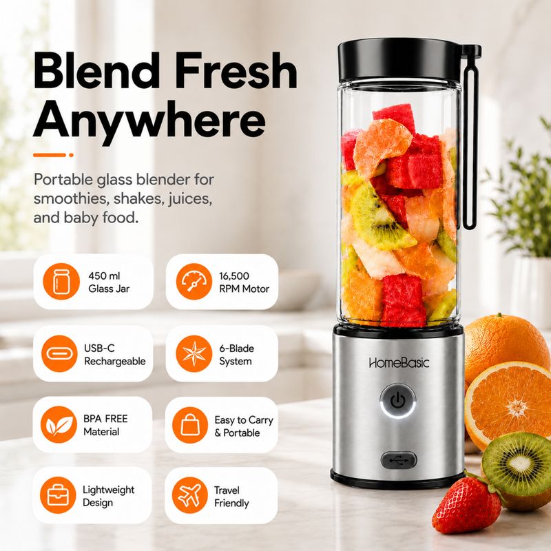 HOMEBASIC Portable Blender 450ml USB Rechargeable Black - Image 7