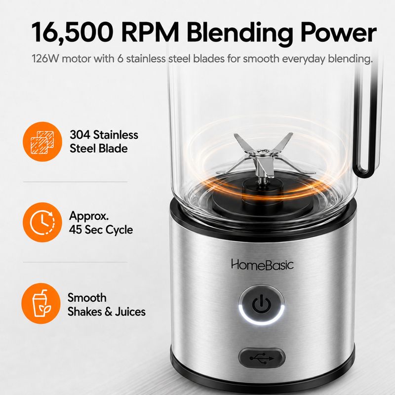 HOMEBASIC Portable Blender 450ml USB Rechargeable Black - Image 8