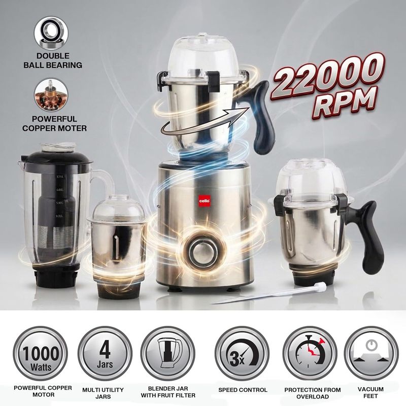 cello Steelox 1000 W Juicer Mixer Grinder (Steelox Pro Mixer Grinder 1000 Watts For Kitchen | 4 Jars | Silver) - Image 6