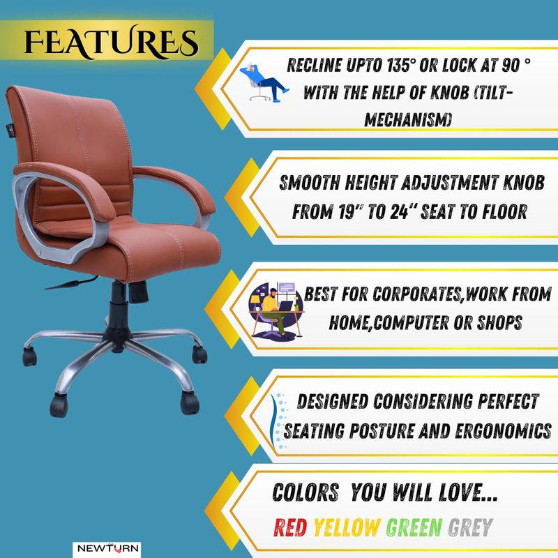 Newturn MAXSON Mid back Leather Office revolving Leather Office Adjustable Arm Chair (Khaki, Optional Installation Available) - Image 6