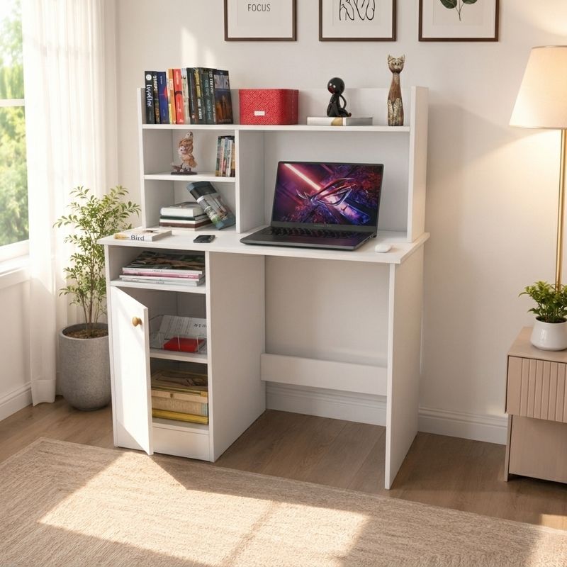 Flipkart Perfect Homes Multipurpose Portable Study Desk with Hutch Storage & Shelves for Home Office Engineered Wood Study Table (Free Standing, Finish Color - White, DIY(Do-It-Yourself)) - Image 6