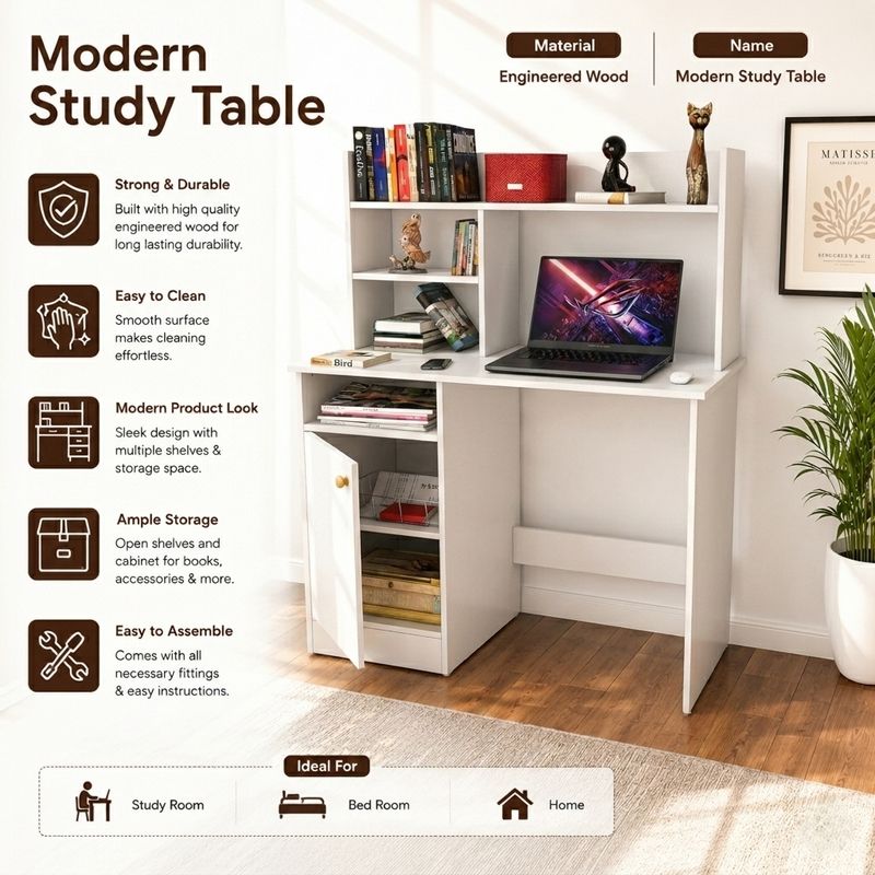 Flipkart Perfect Homes Multipurpose Portable Study Desk with Hutch Storage & Shelves for Home Office Engineered Wood Study Table (Free Standing, Finish Color - White, DIY(Do-It-Yourself)) - Image 7
