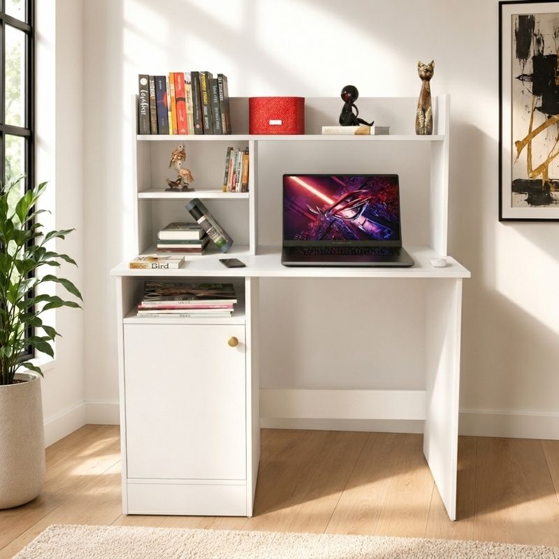 Flipkart Perfect Homes Multipurpose Portable Study Desk with Hutch Storage & Shelves for Home Office Engineered Wood Study Table (Free Standing, Finish Color - White, DIY(Do-It-Yourself)) - Image 5