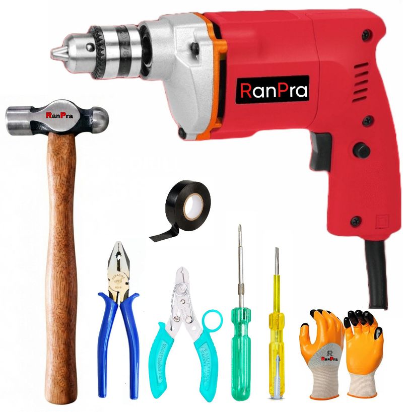 RanPra Electric drill machine with Hammer, Pliers, Screwdrivers, Insulation Tape & Safety Gloves Pistol Grip Drill (10 mm Chuck Size) - Image 5