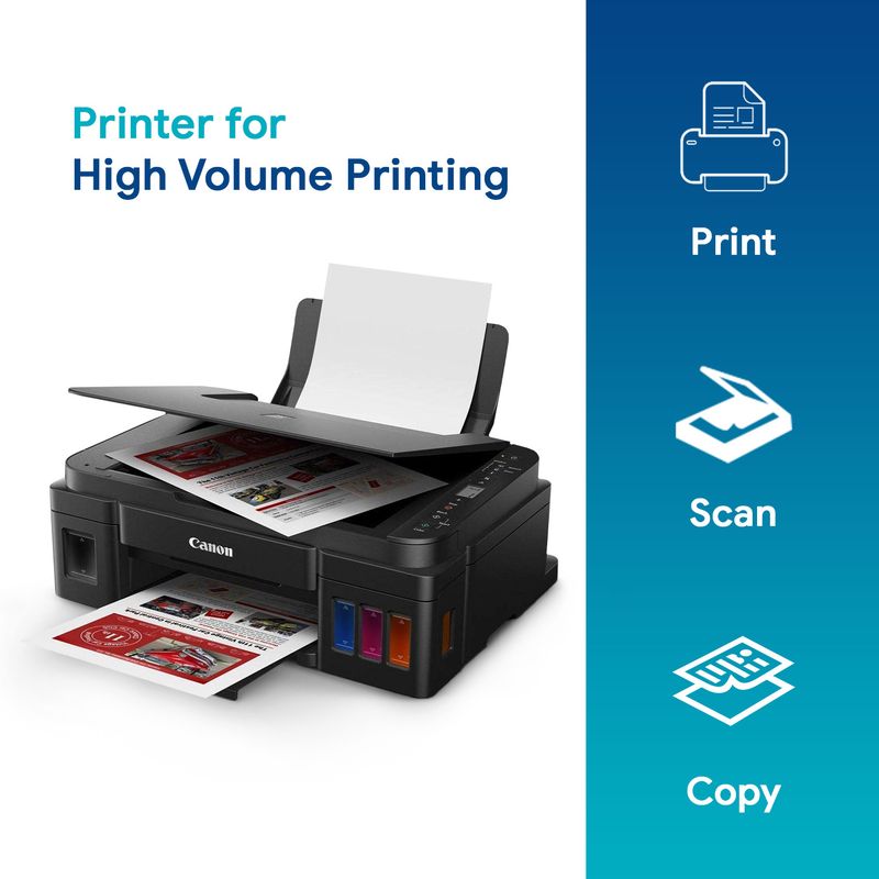 Canon PIXMA Mega Efficient G3012 Multi-function WiFi Color Ink Tank Printer (Color Page Cost: 0.09 Rs. | Black Page Cost: 0.09 Rs. | Borderless Printing) Print, Copy & Scan, Up to 8.8 IPM Mono / 5 IPM Color, Yield: Up to 6,000 Black / 7,000 Color Pages, 2 Additional Black Ink Bottles (6 Ink Bottles Included) - Image 7