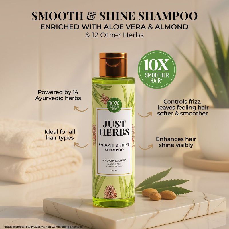 Just Herbs Smooth & Shine Shampoo for Dry & Frizzy Hair | Aloe & Almond (200 ml) - Image 4