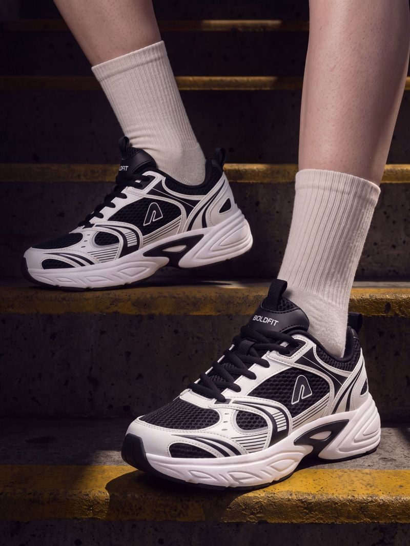 BOLDFIT Klassics Chunky Retro-Inspired Mesh Sneakers | Lace-Up Casual Shoes Sneakers For Men (Black, Off White , 6) - Image 8