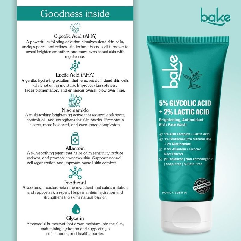 BAKE 2% Glycolic Acid for Dark Spots & Pigmentation | For Tan Removal & Dull Skin | Daily Brightening & Glowing - 100ml Face Wash (100 ml) - Image 6