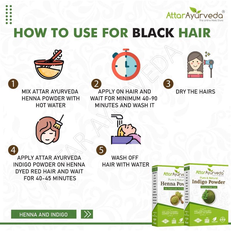 Attar Ayurveda Natural Dye for Black Hair (Henna Leaves powder, Indigo leaves powder combo pack) (400 g) - Image 8