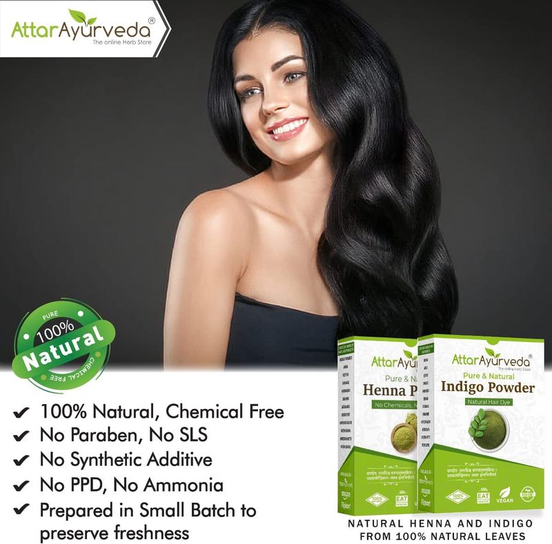 Attar Ayurveda Natural Dye for Black Hair (Henna Leaves powder, Indigo leaves powder combo pack) (400 g) - Image 7