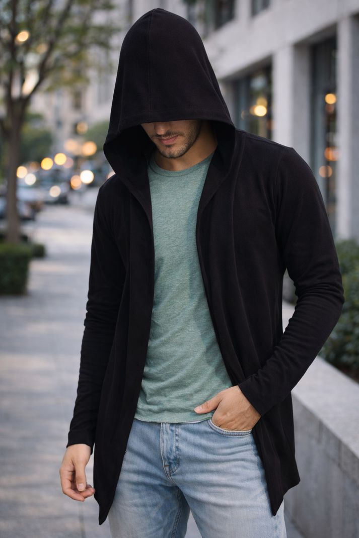 Vuzzan Men Kimono Style Full Sleeve Black Shrug - Image 5
