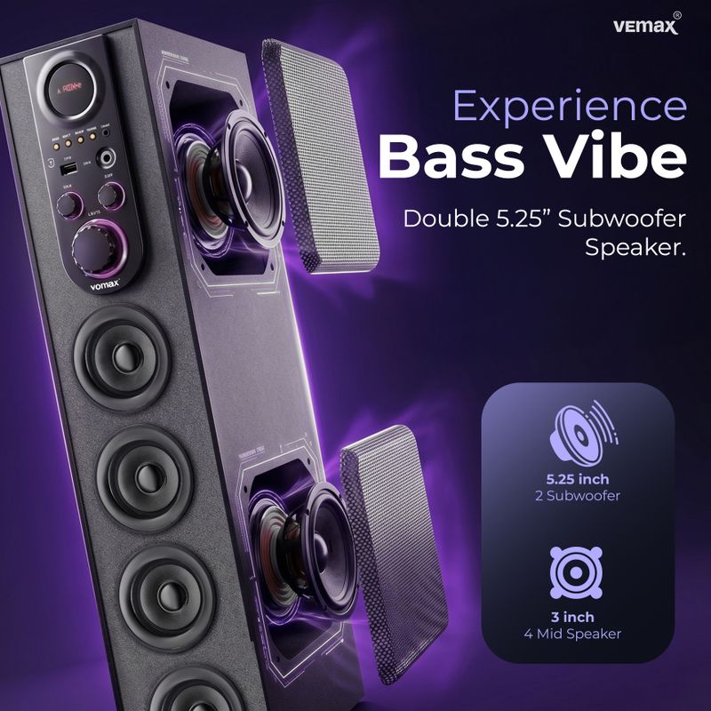 Vemax Cuba 6.1 Bluetooth Double Woofer 110W Tower Speaker (BIS Certified) MIC, USB, FM 110 W Bluetooth Home Theatre (Black, 6.1 Channel) - Image 4