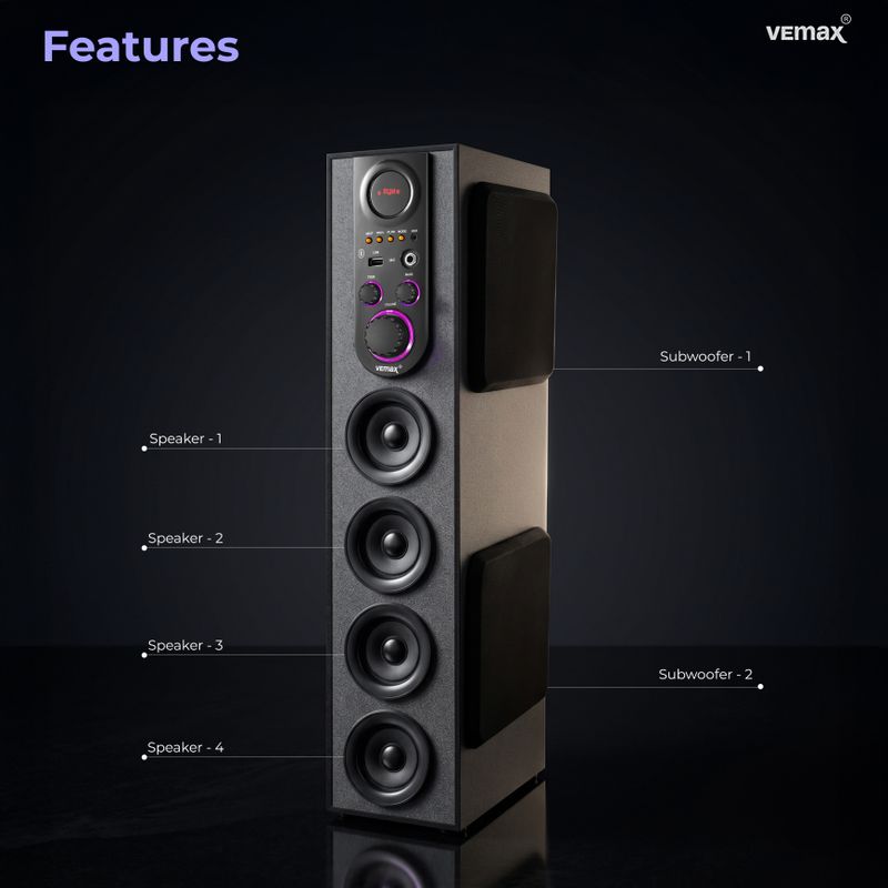 Vemax Cuba 6.1 Bluetooth Double Woofer 110W Tower Speaker (BIS Certified) MIC, USB, FM 110 W Bluetooth Home Theatre (Black, 6.1 Channel) - Image 3