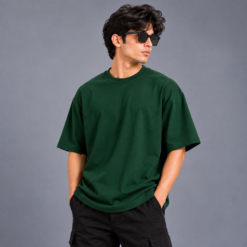 Greyscale Men Solid Round Neck Pure Cotton Dark Green T-Shirt - Image 7