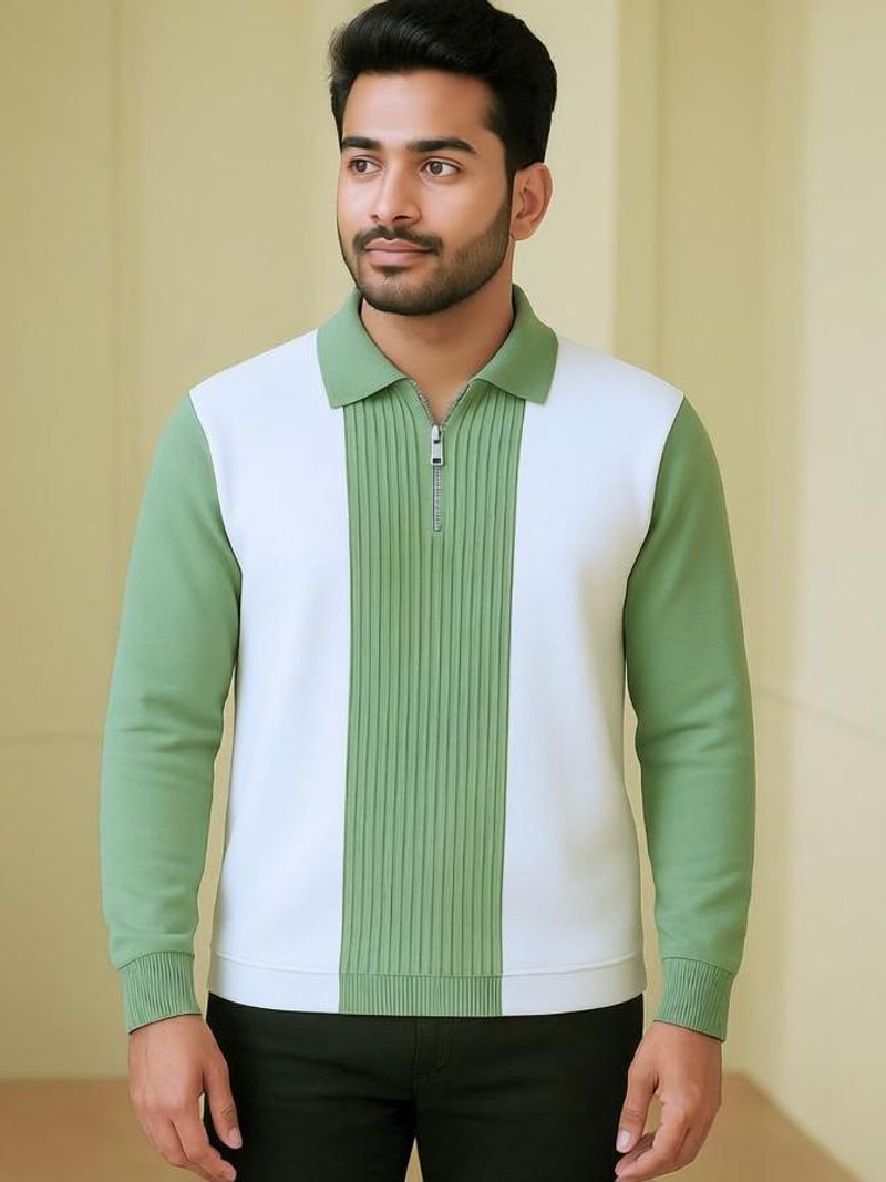 Try This Men Colorblock Zip Neck Cotton Blend Light Green T-Shirt - Image 5